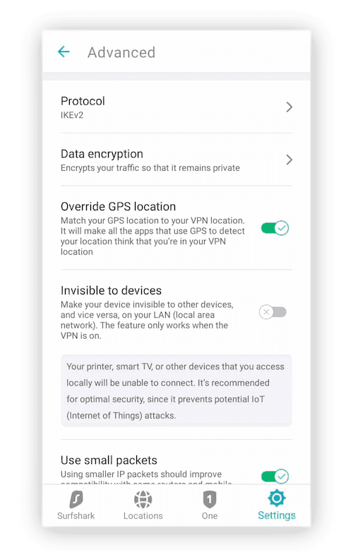 Surfshark VPN's Override GPS location feature