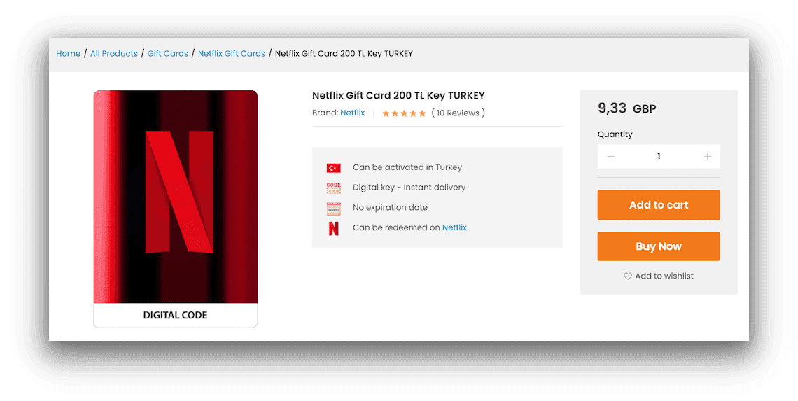 Purchasing a Turkish Netflix gift card via reseller Turgame