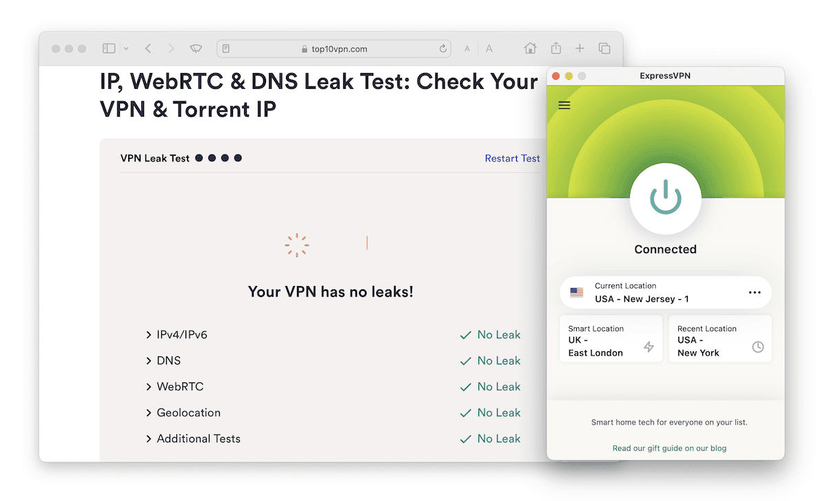 ExpressVPN의 IP, DNS, WebRTC 누출 테스트