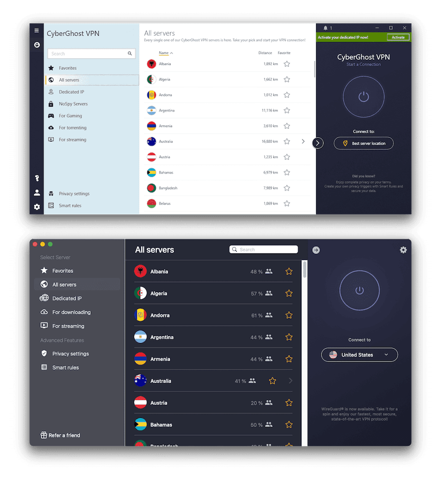 CyberGhost's Windows and macOS apps side by side