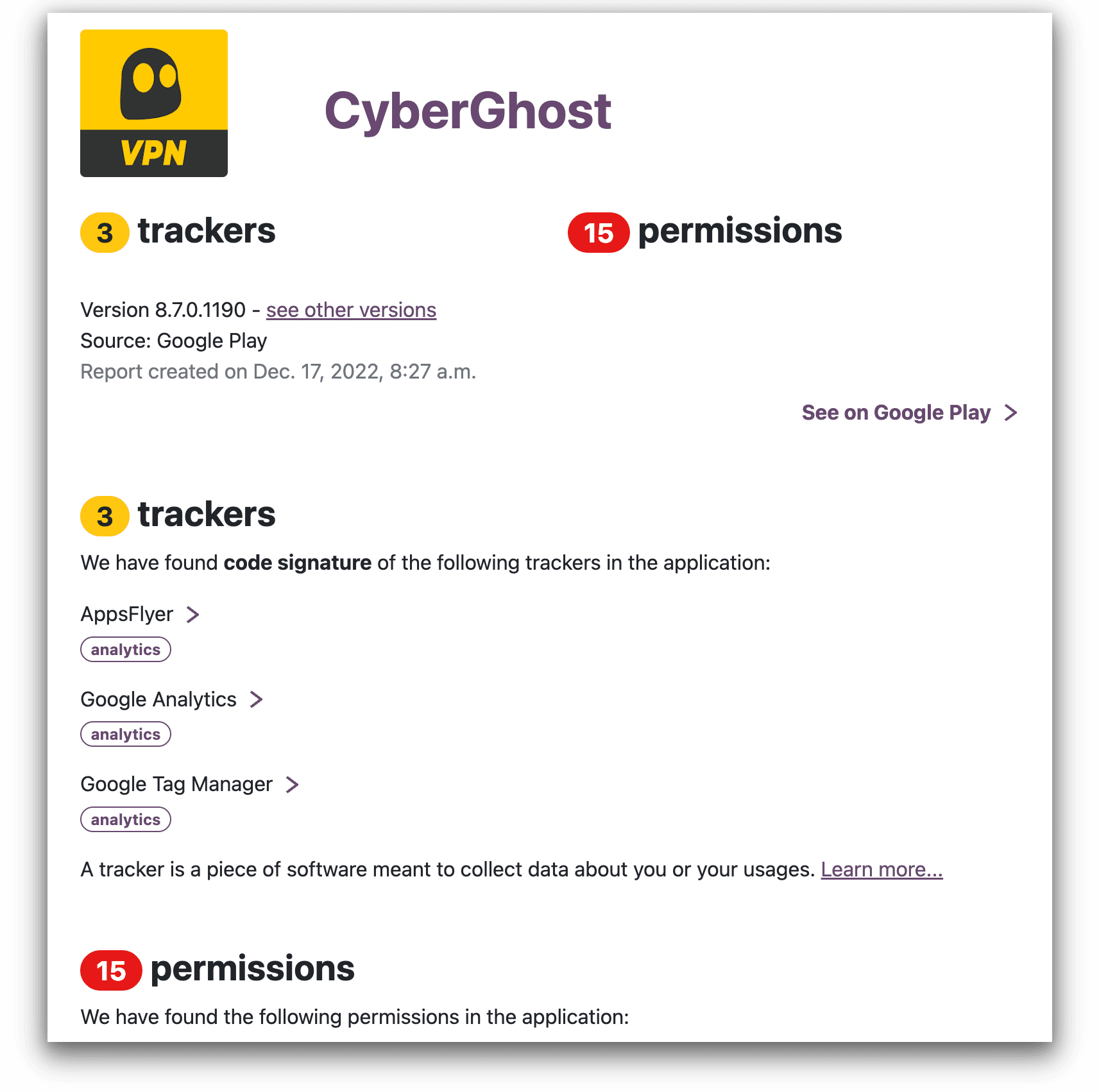 Resultados do CyberGhost no aplicativo exodus