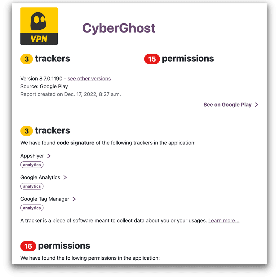 Die Ergebnisse von CyberGhost im Exodus App Tracker Tool