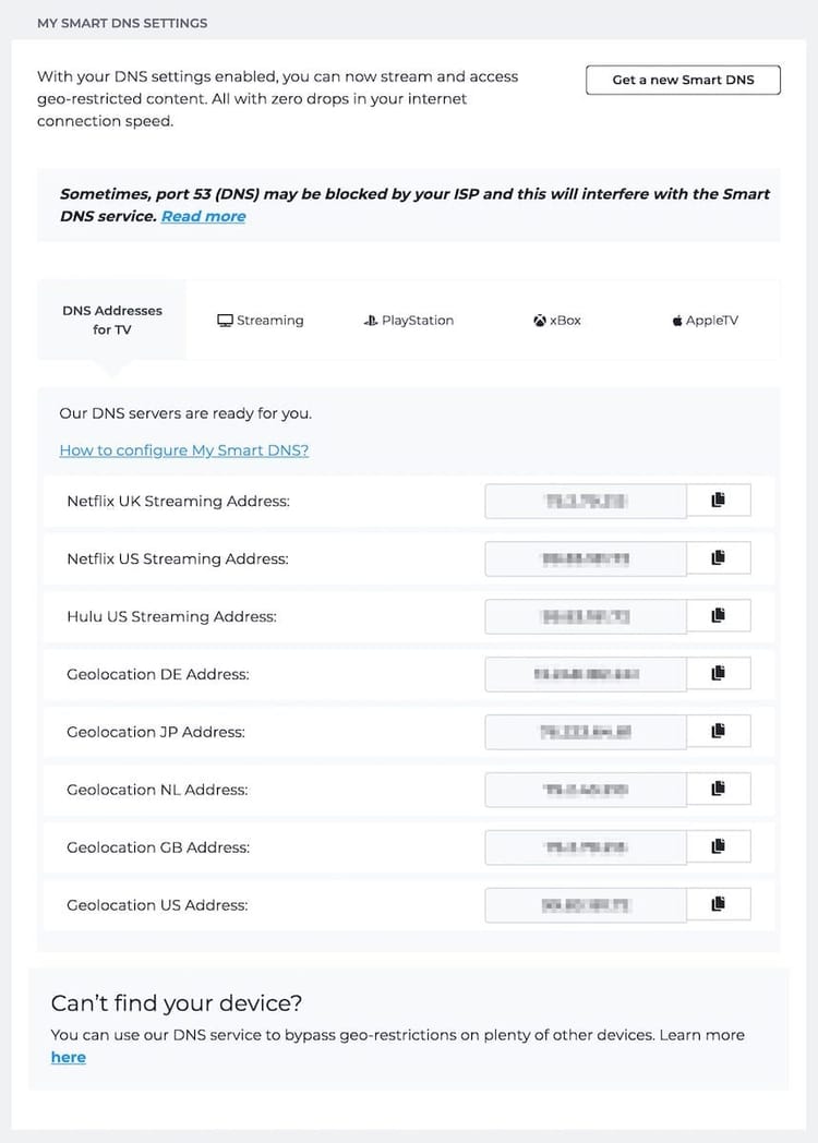 A seção de configuração do Smart DNS do CyberGhost