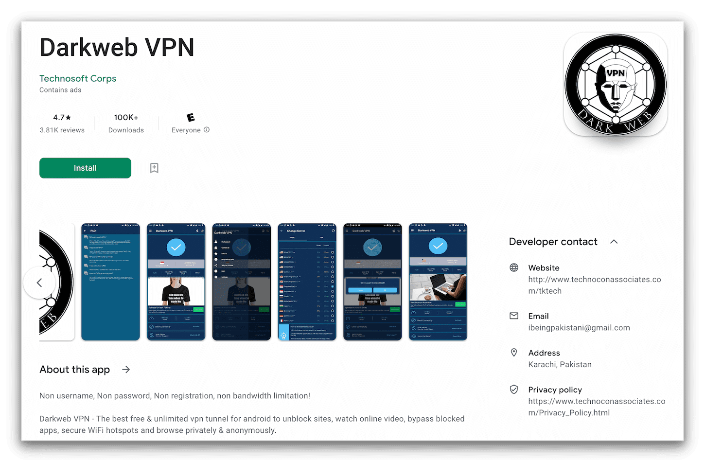 Captura de pantalla de Darkweb VPN en la Google Play Store. 