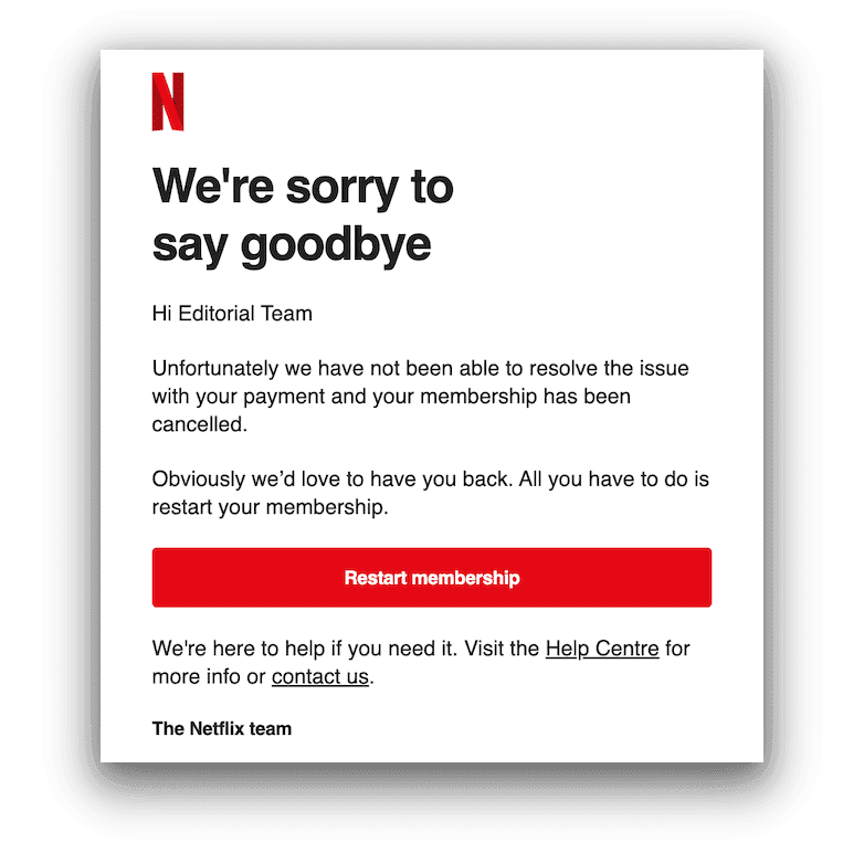 Un'e-mail da Netflix che spiega perché un account è stato annullato a causa di problemi di pagamento irrisolti