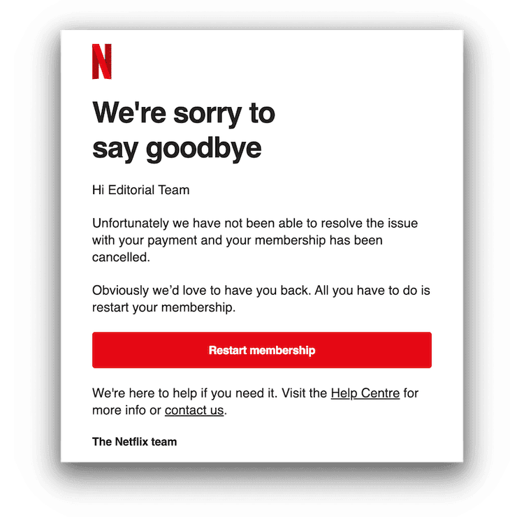 E-mail od Netflixa wyjaśniający, dlaczego konto zostało zamknięte przez nierozwiązane problemy z płatnością