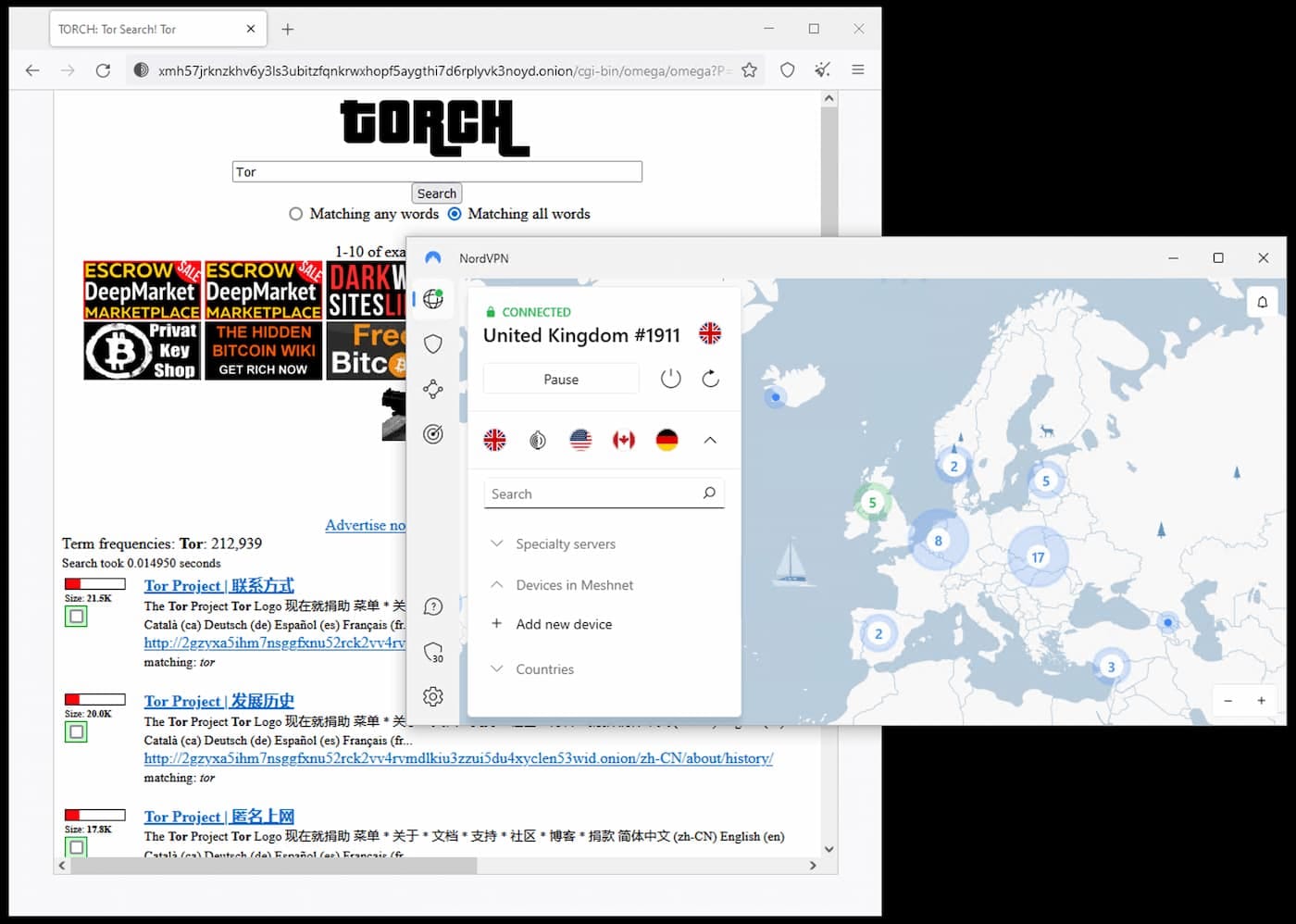 Captura de pantalla de NordVPN conectándose a un servidor en el Reino Unido, mientras el navegador Tor está abierto en la página web Torch.onion.