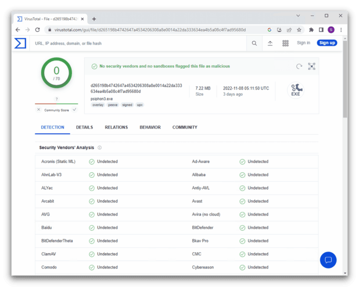 VirtusTotal tests show no malware in Psiphon 3.