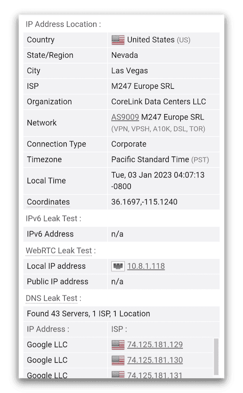 A successfully passed IP and DNS leak test by Snap VPN