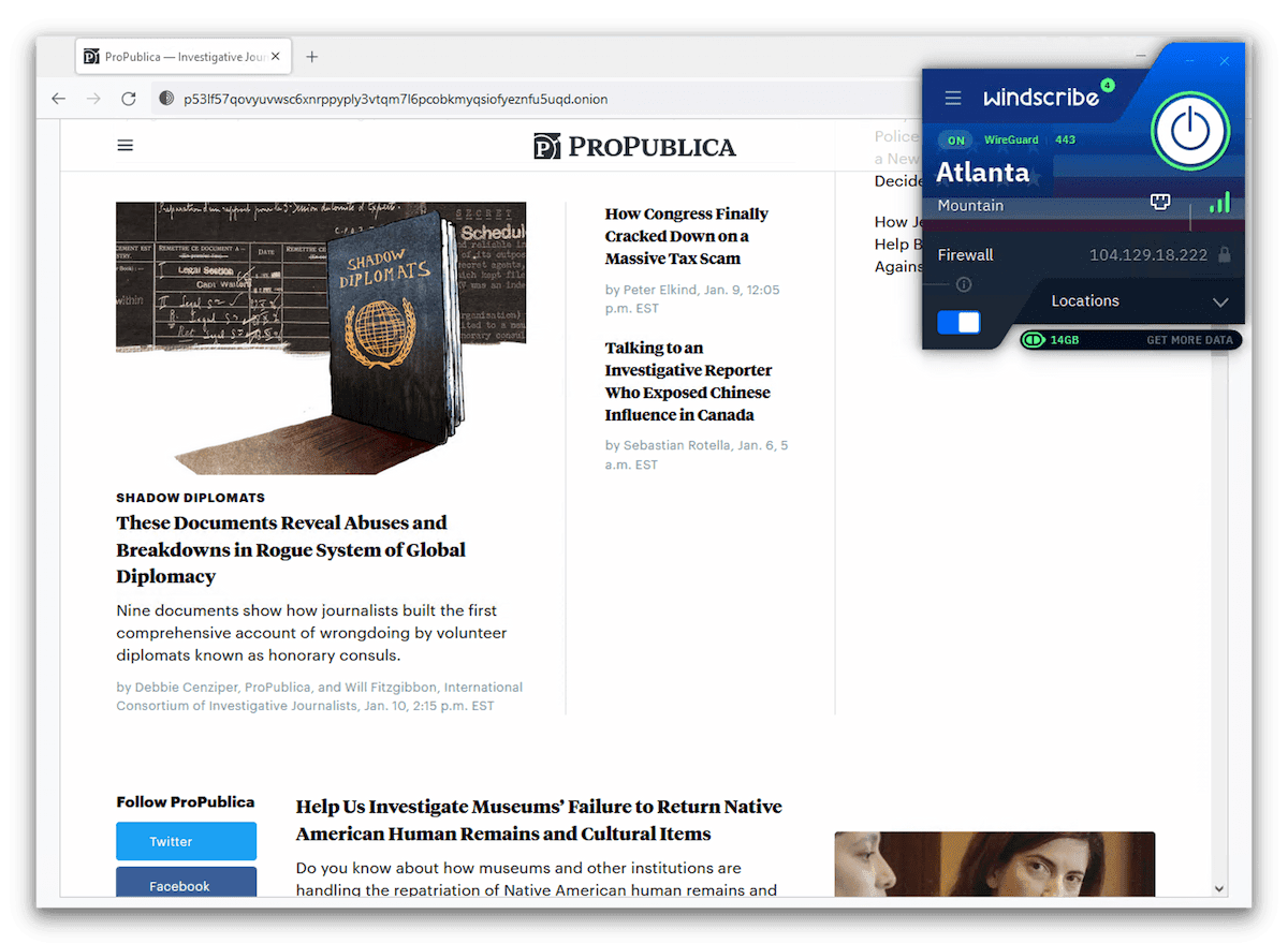 Connected to Windscribe free and the Tor browser, we accessed ProPublica’s onion site. 