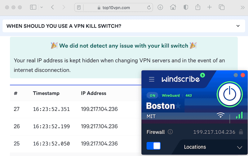 Testowanie skuteczności funkcji Kill Switch Windscribe.