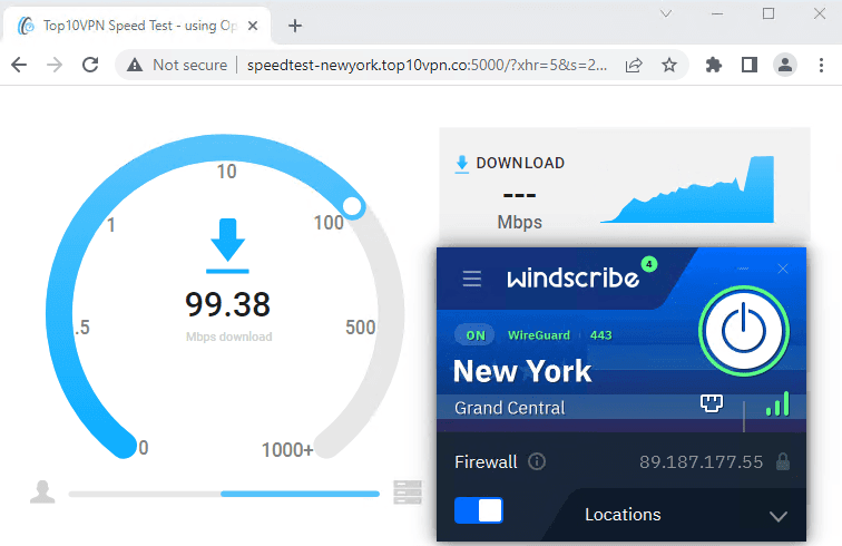 Testen der Verbindungsgeschwindigkeiten von Windscribe