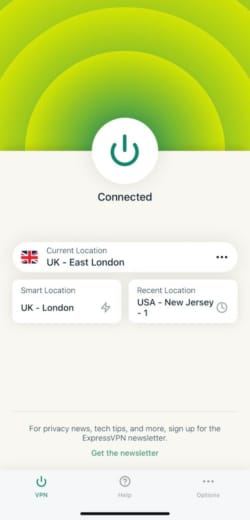 Menú principal de ExpressVPN en iOS