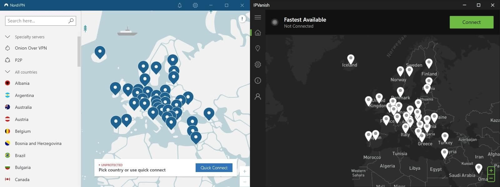 Comparison between NordVPN and IPVanish's Windows app.