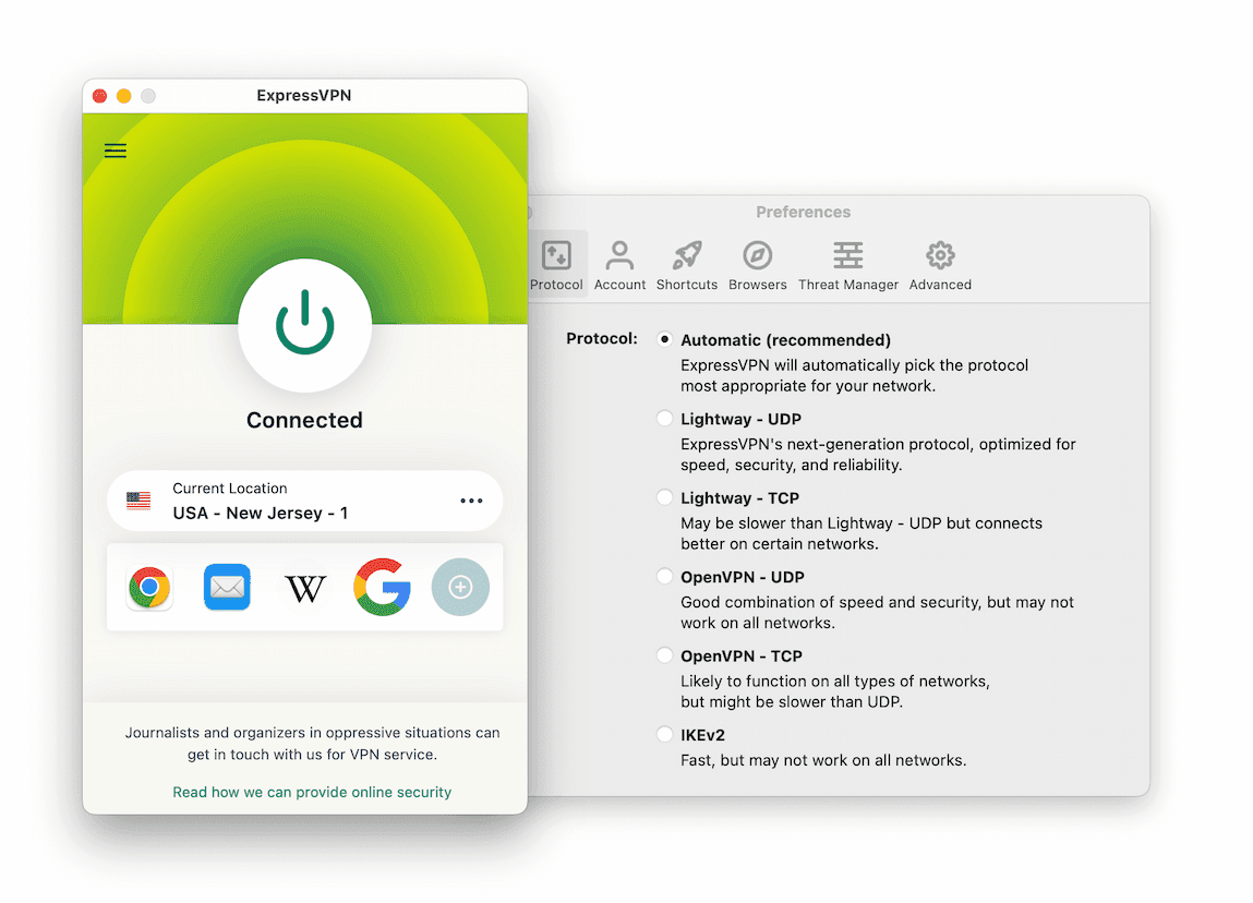 Captura de pantalla de ExpressVPN conectado a un servidor en Nueva York.