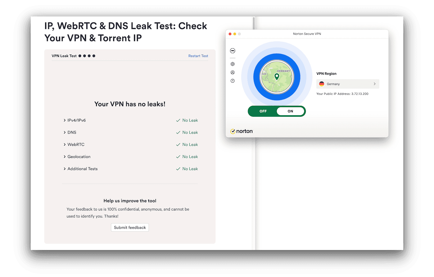 O Norton Secure VPN em execução ao lado de um teste de vazamento da VPN bem-sucedido