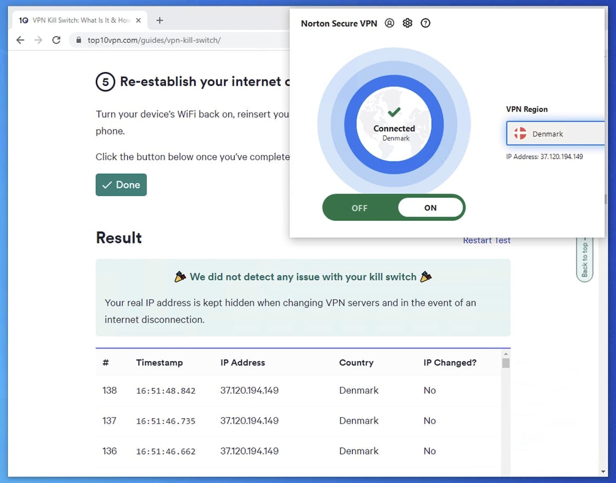 O Norton Secure VPN passando em um teste de Kill Switch de VPN