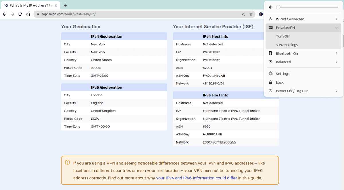 Our evidence of PrivateVPN leaking IPv6 addresses on Linux