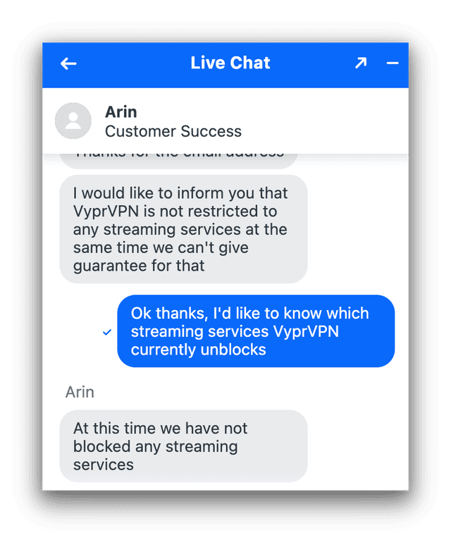 VyprVPN's customer support agent misunderstands a question about which streaming services VyprVPN unblocks.