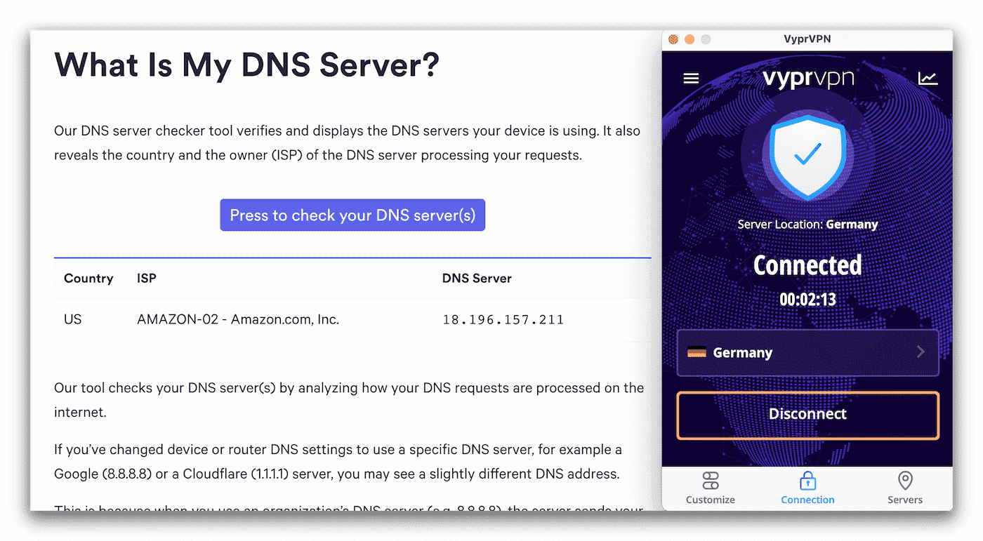 Captura de pantalla de un servidor DNS probando VyprVPN. It shows a DNS server owned by Amazon.