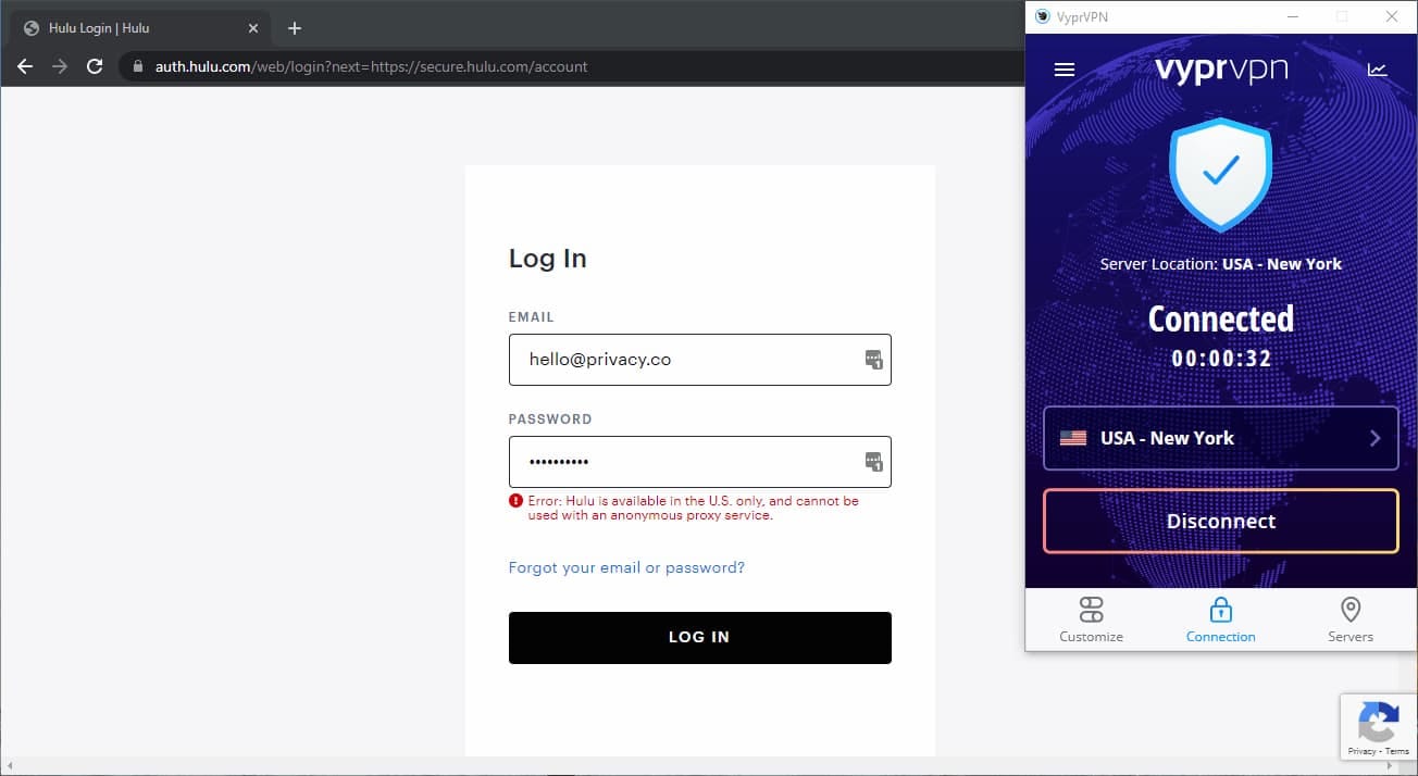Hulu says there's an error when trying to login and proxies cannot be used with Hulu.