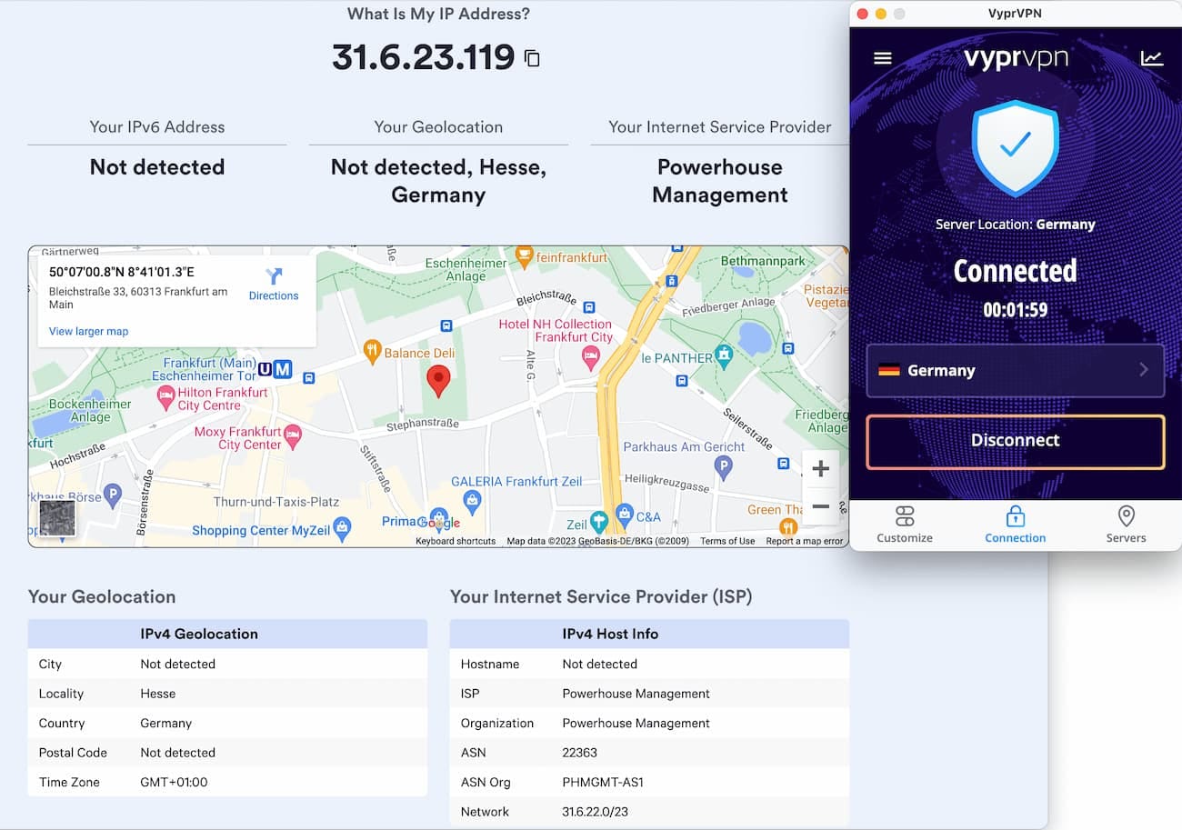 Captura de pantalla de la dirección IP mientras nos conectamos a un servidor de VyprVPN en Alemania. La dirección IP está localizada en Alemania, Hesse.