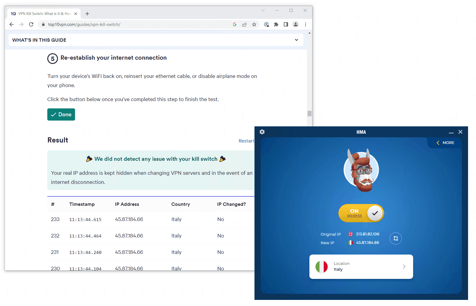 Test du kill switch du HMA VPN