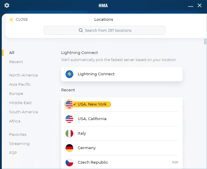 Lista serwerów HMA VPN