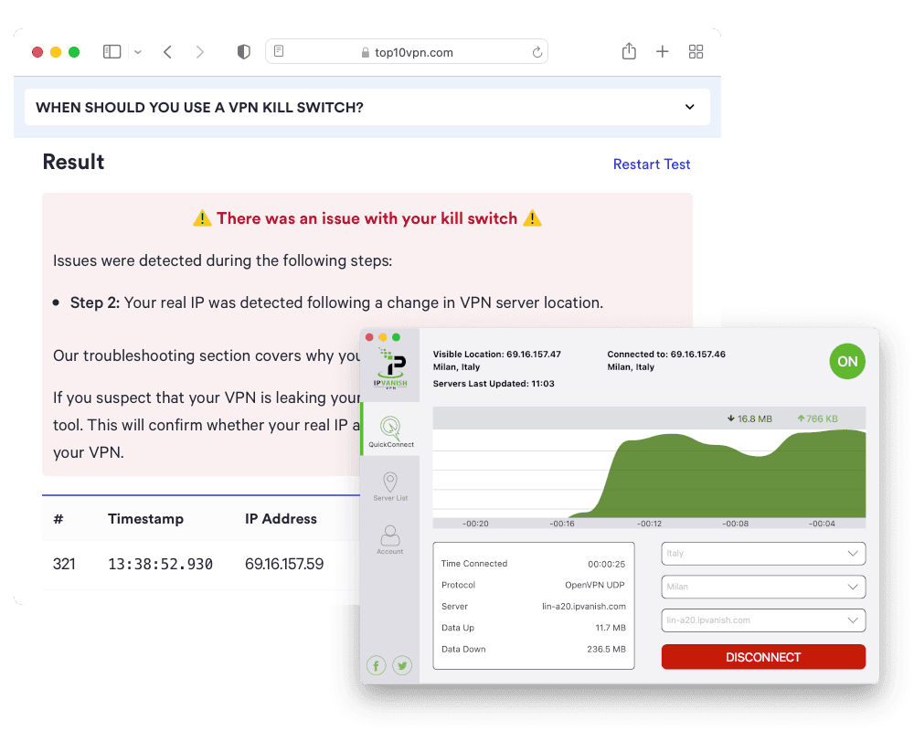 Testowanie funkcji Kill Switch IPVanish na macOS