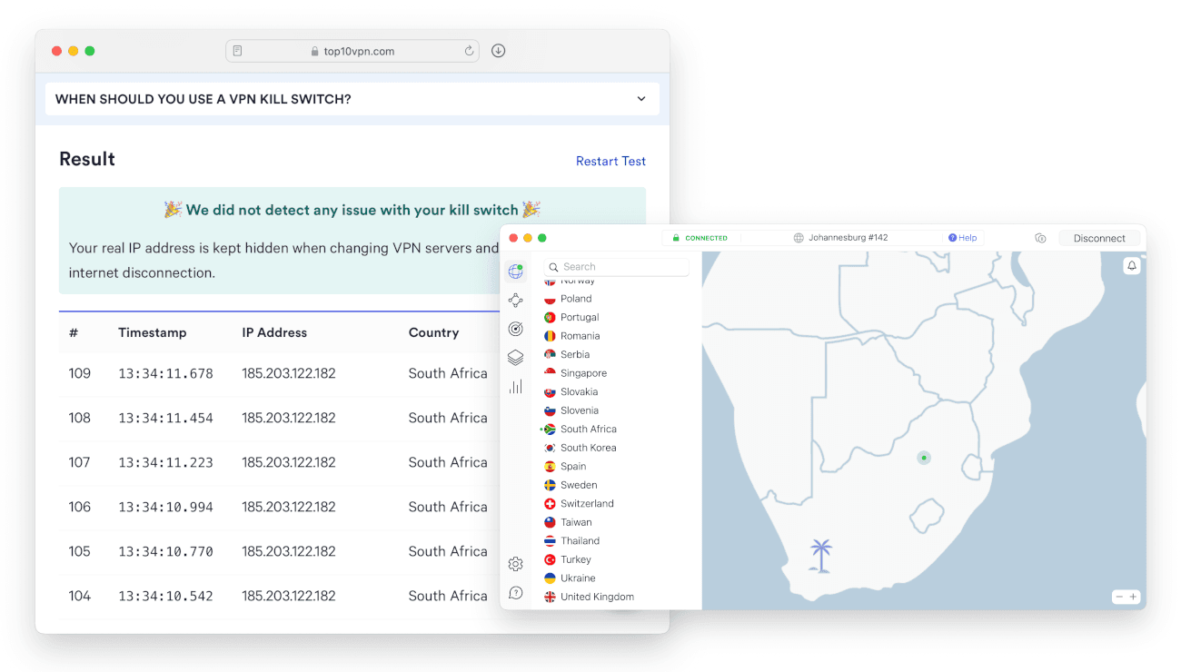 Testando o Kill Switch da NordVPN para vazamento de endereços IP.