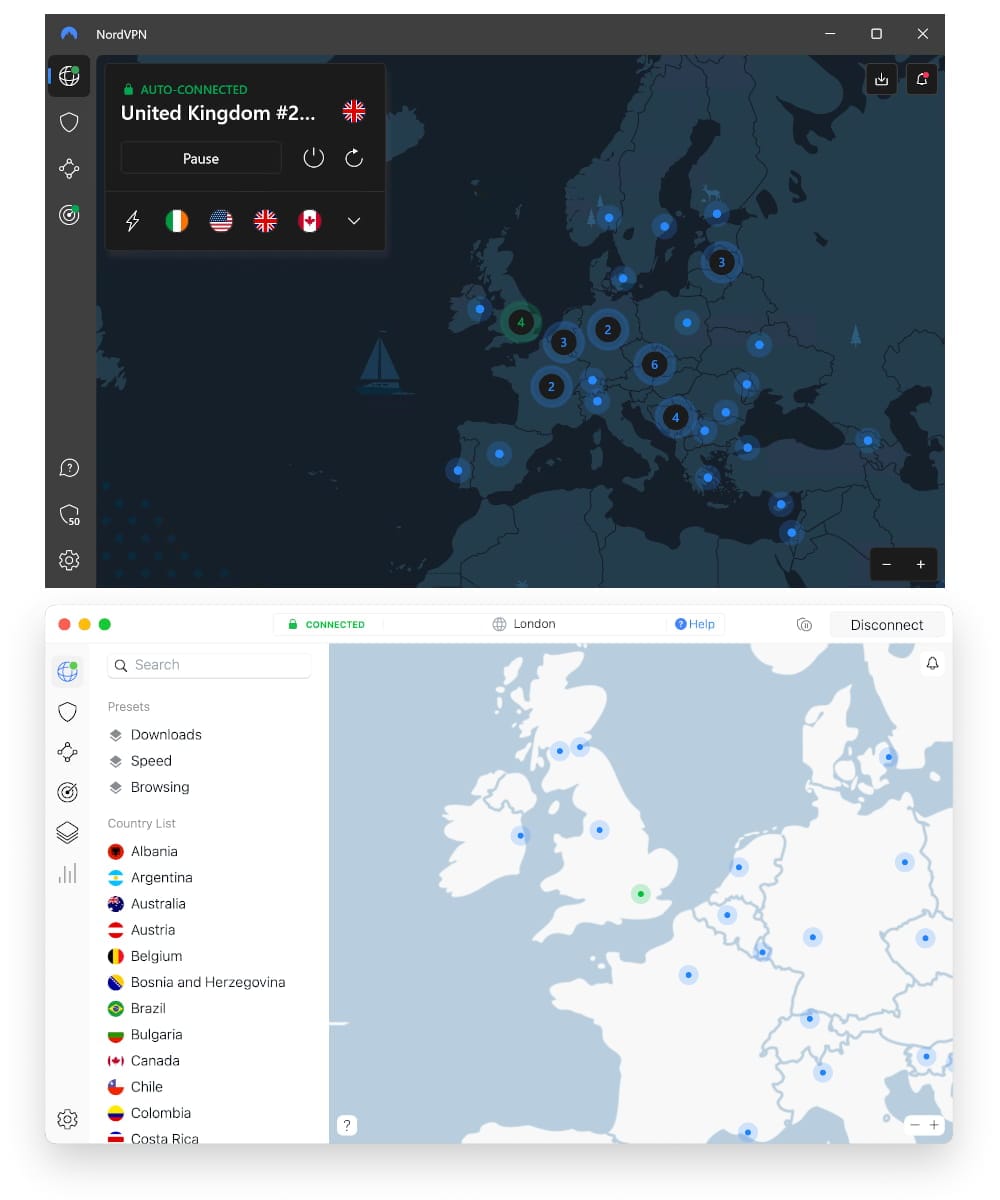 NordVPN's Windows and macOS apps side-by-side