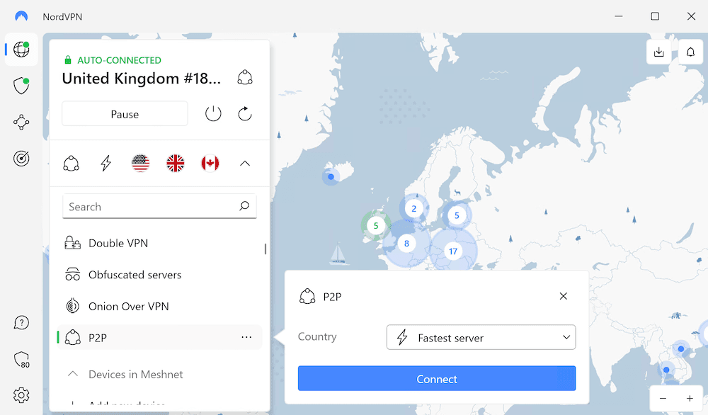 Wybór serwerów P2P w aplikacji NordVPN