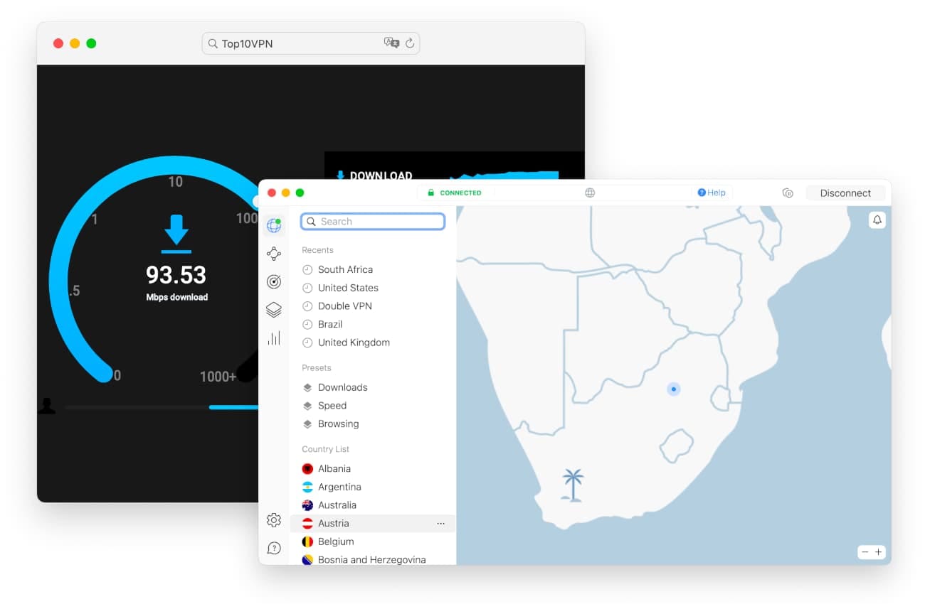 NordVPN speed test results.