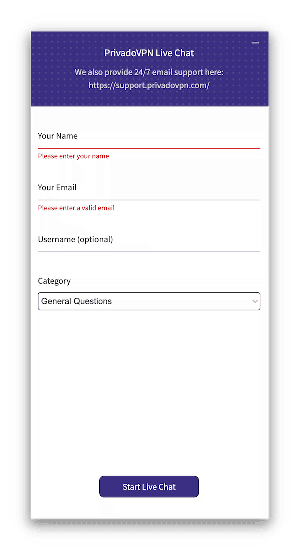 PrivadoVPN Live Chat Support.