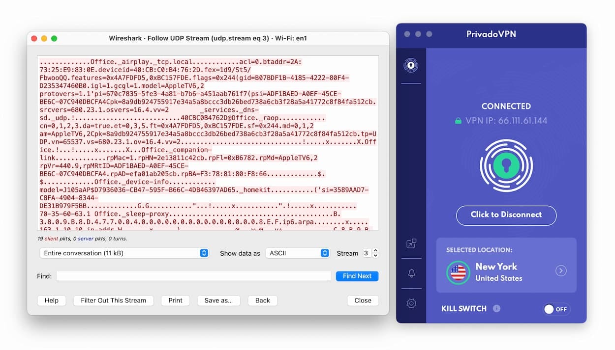 PrivadoVPN Wireshark Encryption Test.