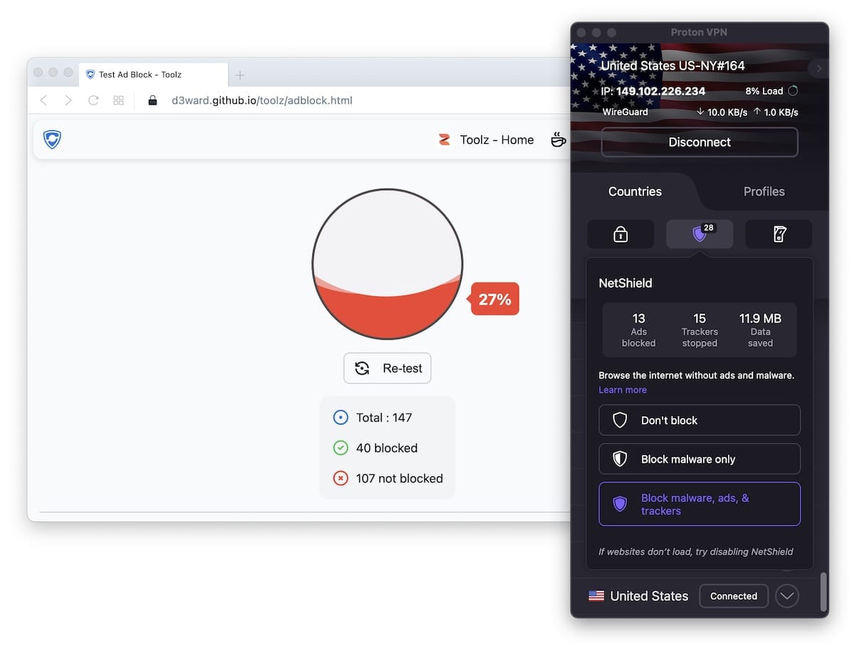 Testing Proton VPN's built-in ad and tracker blocker, NetShield. It returns a 27% success rate with the d3ward ad block testing tool