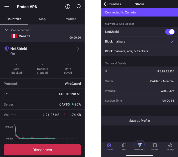 Aplikacje mobilne Proton VPN na Androida i iOS obok siebie. Wyglądają bardzo podobnie.