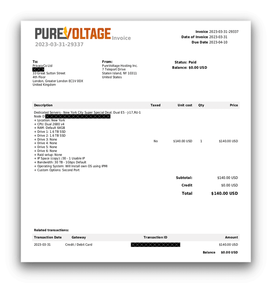 Invoice for renting a speed test server in New York