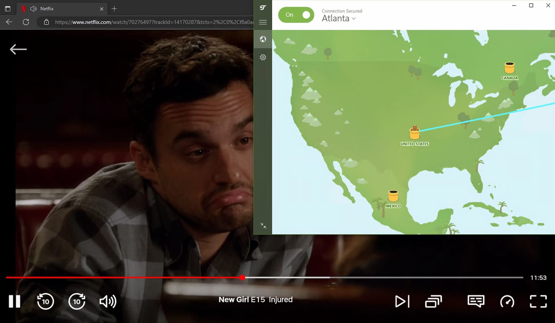 Streaming New Girl sur US Netflxi tout en étant connecté à un serveur à Atlanta, US sur TunnelBear premium.