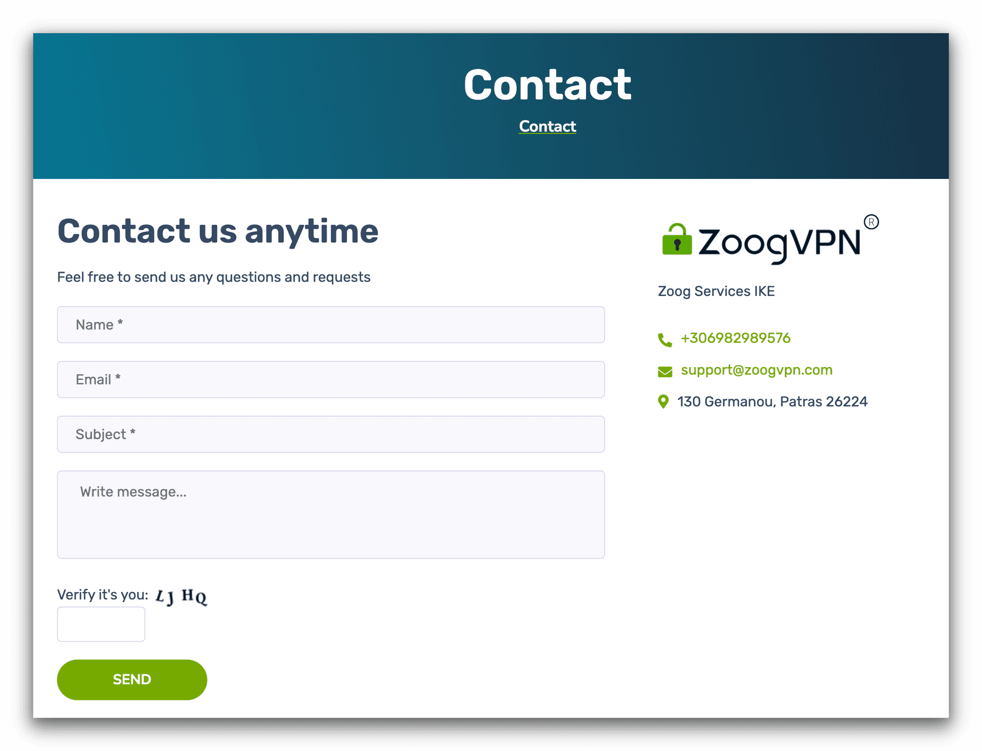 Page de contact sur le site web de ZoogVPN.