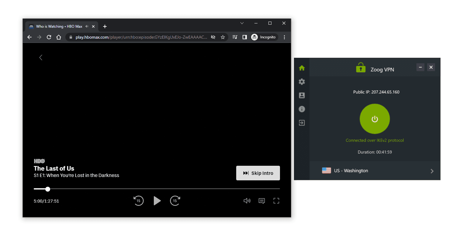 최근 테스트에서, ZoogVPN 무료 버전의 워싱턴 서버로 HBO 맥스에 액세스 할 수 있었습니다.  