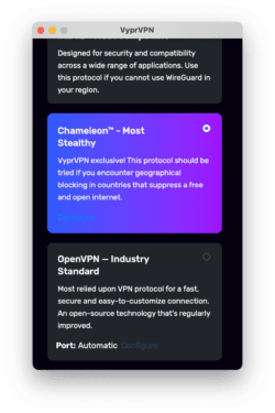 Schermata della pagina dei protocolli di VyprVPN in macOS.