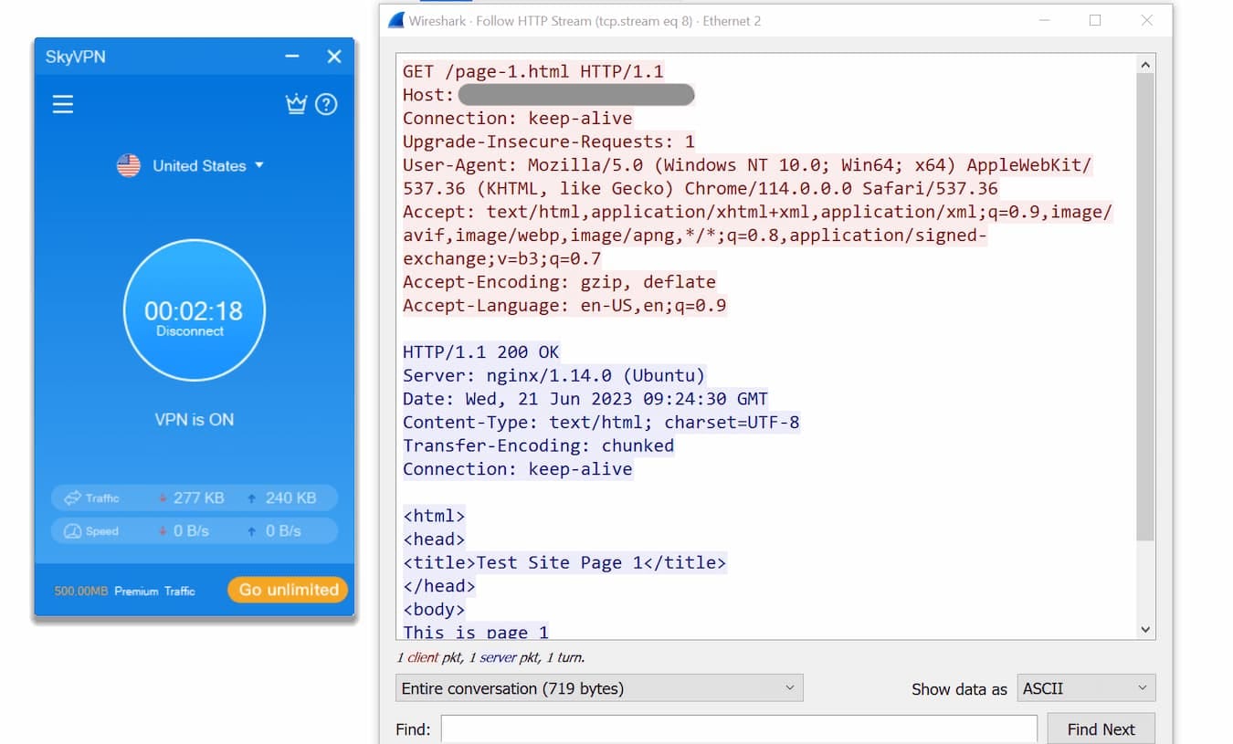 SkyVPN failed to encrypt our internet traffic in Wireshark tests.