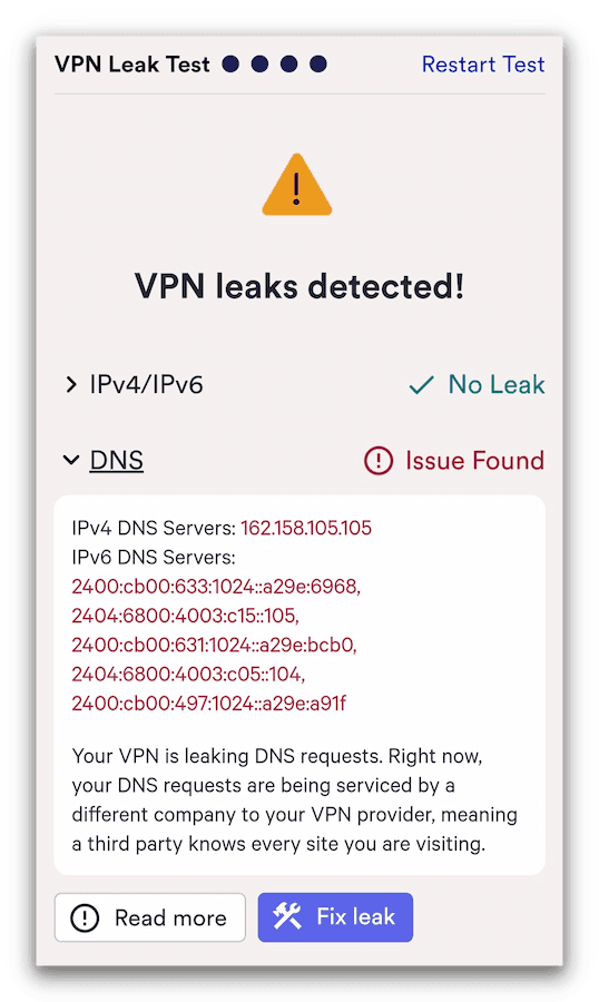 SuperVPN's leak test results