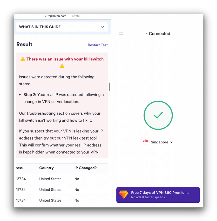 Our kill switch tool flagged VPN 360’s iOS app as faulty. 