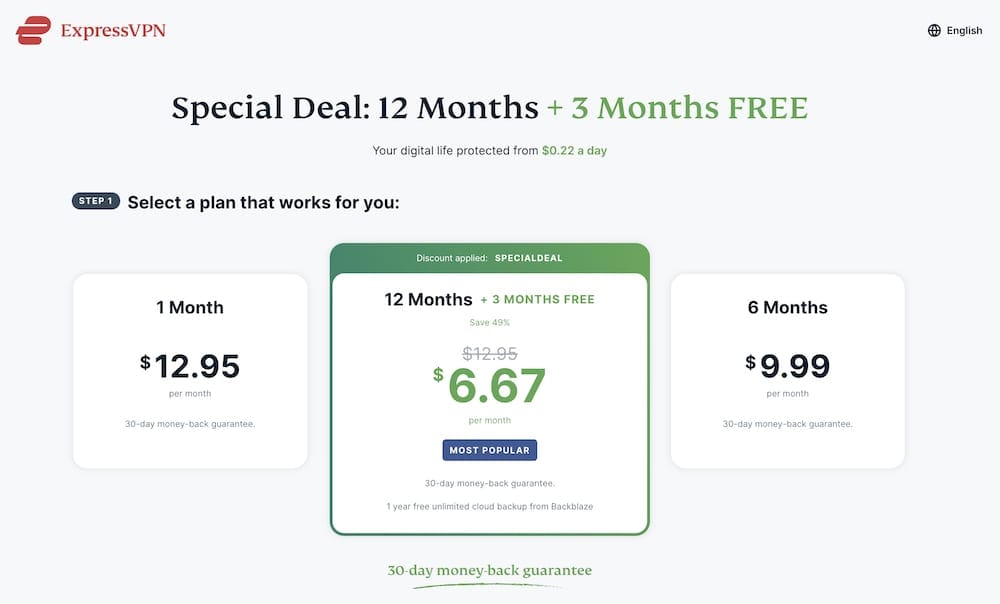 The ExpressVPN subscription plans page.