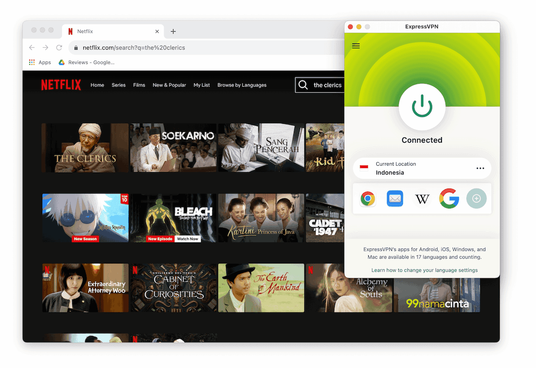 ExpressVPN unblocks Indonesian Netflix in our streaming tests.
