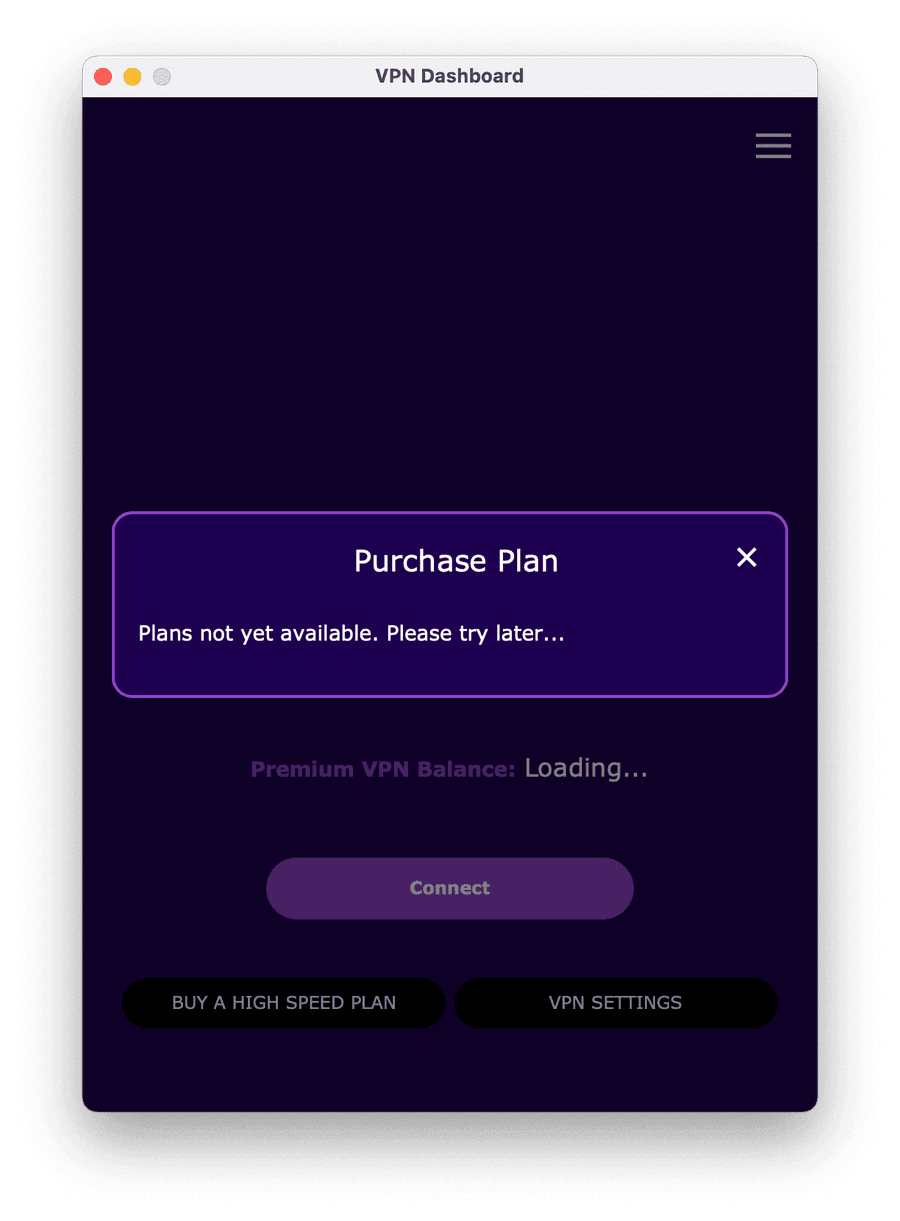 An error message when attempting to use FreeVPN by FreeVPN.org on macOS that reads "plans not yet available."