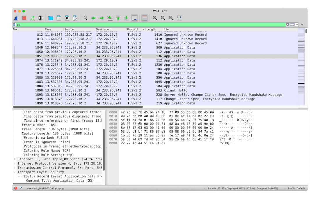 Performing a Wireshark packet sniffing test while using FreeVPN by FreeVPN.org. It shows that it uses TLSv1.2 encryption.