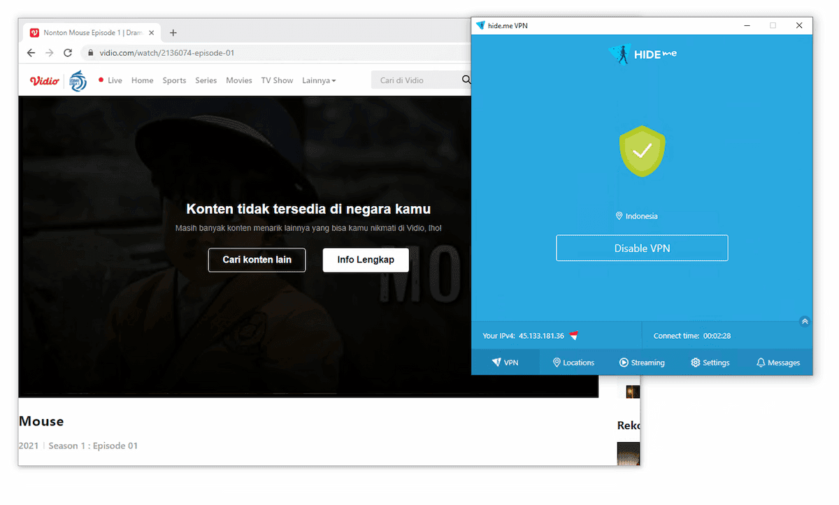 In our streaming tests, Hide.me failed to unblock Vidio Indonesian content. 